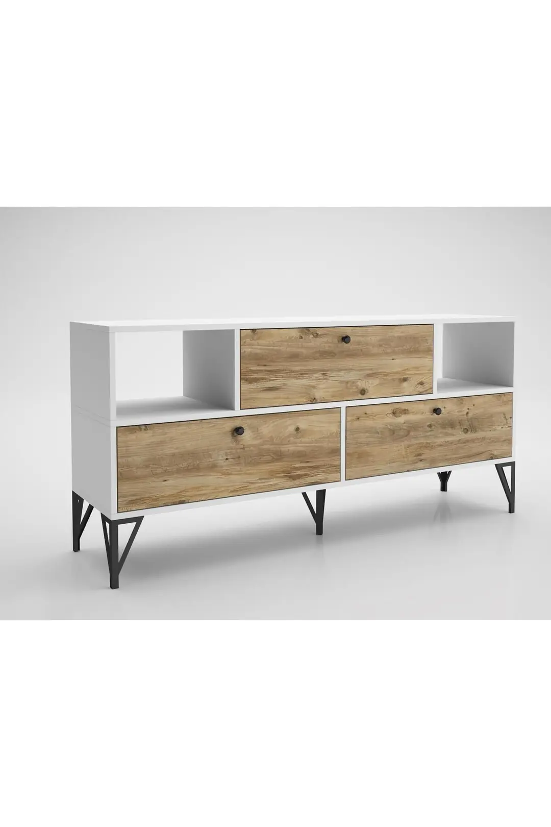 Mia 160 Cm Metal Ayaklı Tv Ünitesi - Konsol - Beyaz - Atlantik Çam / Siyah